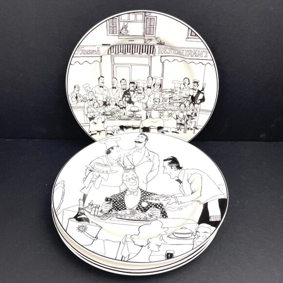 Noritake Epoch Le Restaurant Set of 4 Plates Chefs Black White 8” Vintage 1990s - Picture 1 of 13